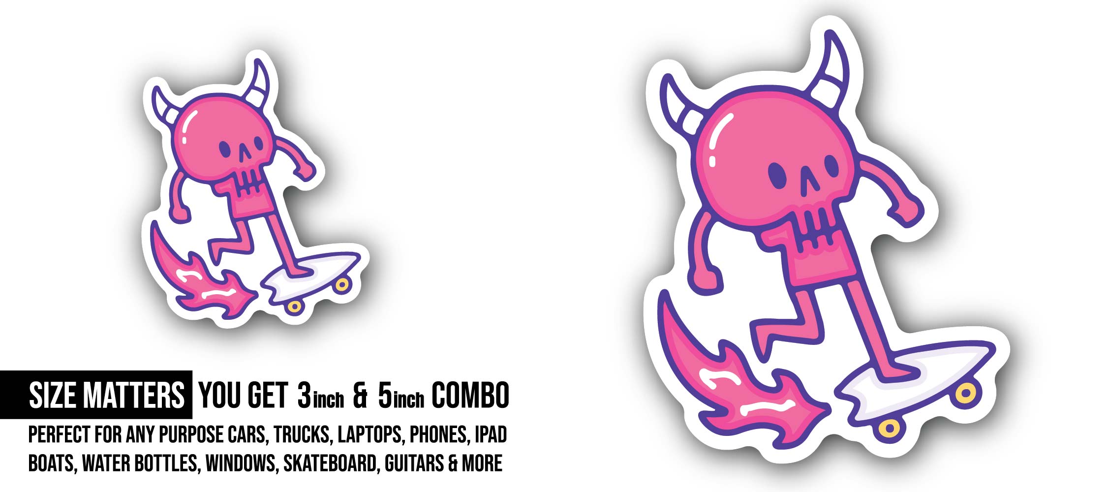 Cute Devil Skull Sticker, Waterproof Vinyl Decal Sticker Indoor Or Outdoor 2 (Pieces) 3" and 5"