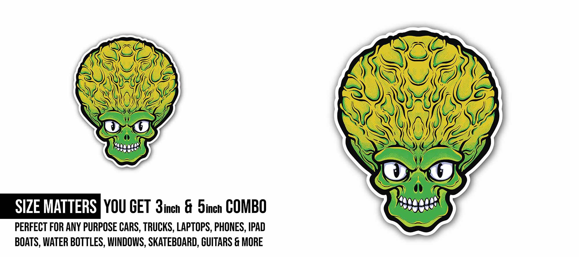 Big Brain Alien Sticker, Waterproof Vinyl Decal Sticker Indoor Or Outdoor 2 (Pieces) 3" and 5"