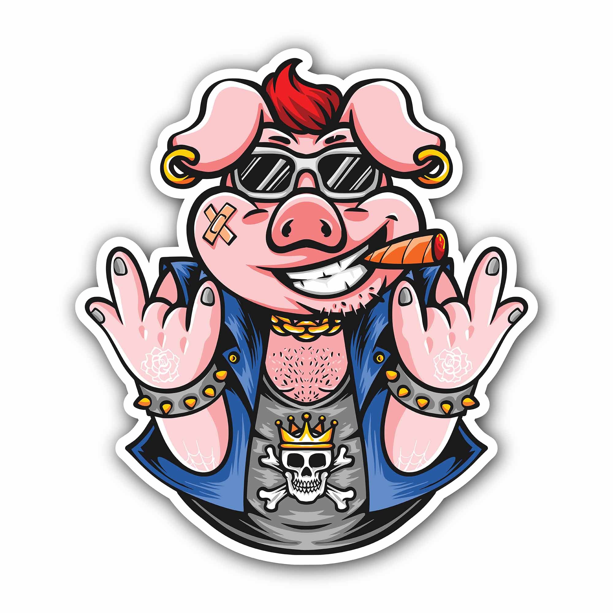 Rocker Pig Cartoon with Gold Chain Sticker, Waterproof Vinyl Decal Sticker Indoor Or Outdoor 2 (Pieces) 3" and 5"