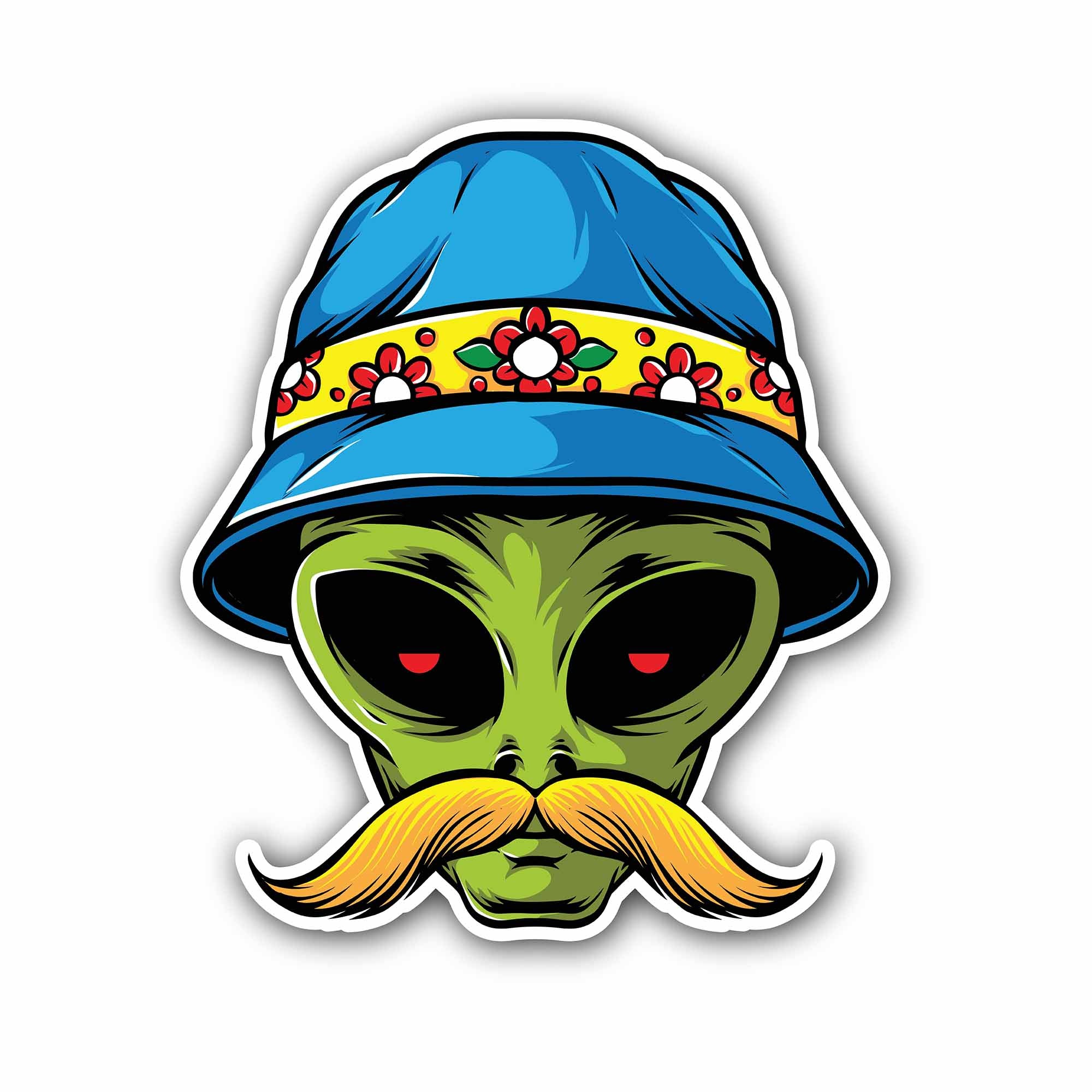 Green Alien & Hat Sticker, Waterproof Vinyl Decal Sticker Indoor Or Outdoor 2 (Pieces) 3" and 5"