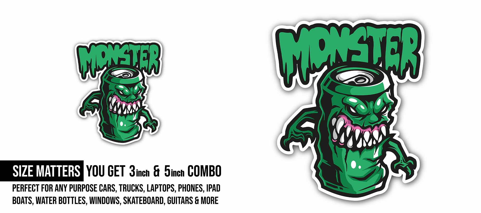 Monster Tin Sticker, Waterproof Vinyl Decal Sticker Indoor Or Outdoor 2 (Pieces) 3" and 5"