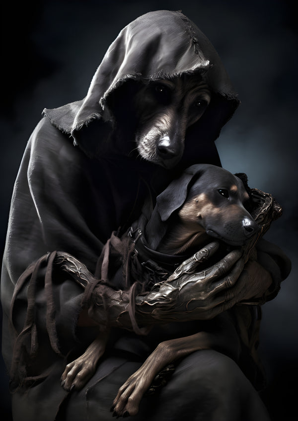 Vinyl Decal, The Grim Reaper's Gentle Embrace of a Beloved Canine Companion (5" x 7")