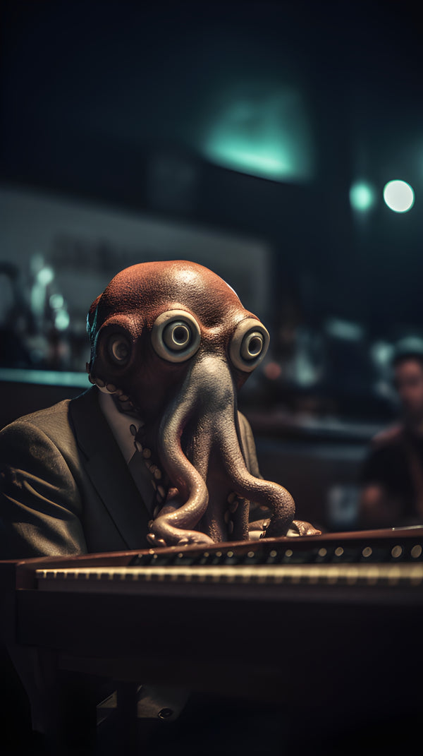 Vinyl Decal, Whimsical Octopus Musician Wall Art Print, Surreal Animal in Suit Playing Keyboard, 5 x