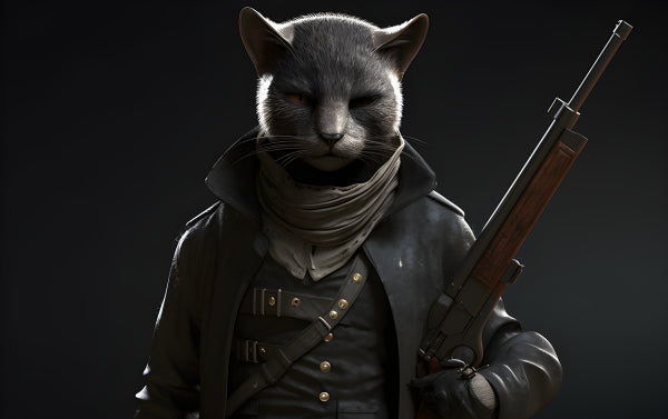 Vinyl Decal, Feline Mercenary Cat Character Action Figure Collectible Statue with Rifle, Detailed Ha