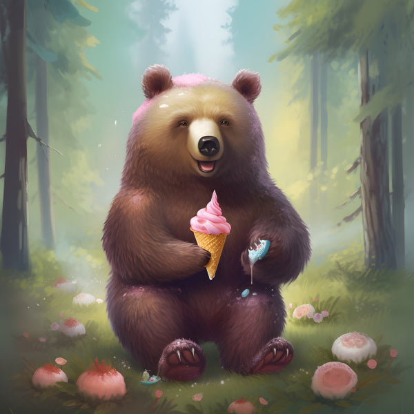 Vinyl Decal, Whimsical Forest Bear Ice Cream Wall Art Print Animal Artwork Poster, 5 x 7 or 8 x 10 I