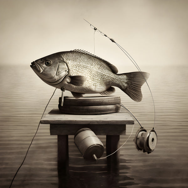 Vinyl Decal, Fishing Scene Wall Art Print - Artistic Sepia Tone Fish & Tackle Decor, 5 x 7 or 8 x 10
