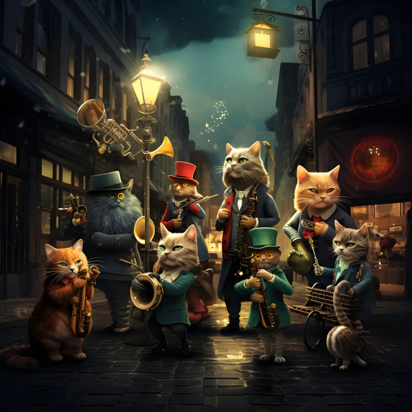 Vinyl Decal, Steampunk Feline Jazz Band on an Evening Street: Whimsical Cat Musicians Art Print, Uni