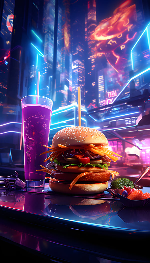 Vinyl Decal, Neon Diner Wall Art Print, Futuristic Cityscape Fast Food Poster, Vibrant Sci-Fi Home D