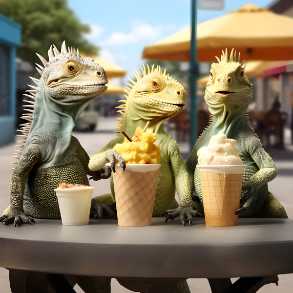 Vinyl Decal, Whimsical Iguana Friends Enjoying Ice Cream Unique Animal Wall Art Print Fun Colorful D