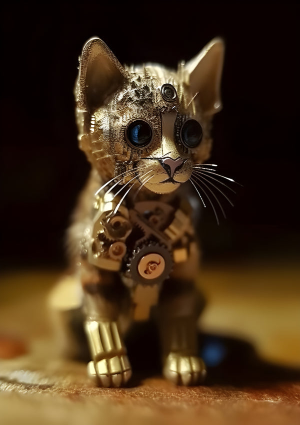 Vinyl Decal, Steampunk Mechanical Kitten Figurine, Golden Clockwork Cat Sculpture, Detailed AI-Gener