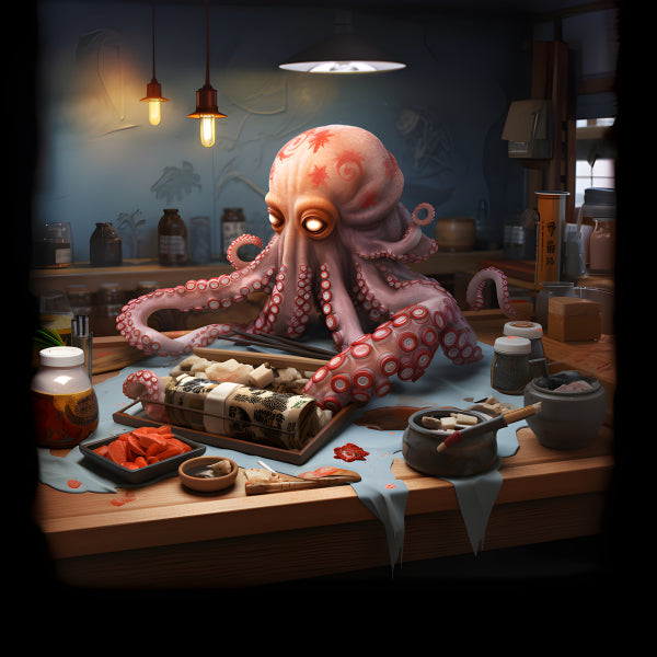 Vinyl Decal, Quirky Octopus Sushi Chef Wall Art Poster Funny Ocean Animal Japanese Food