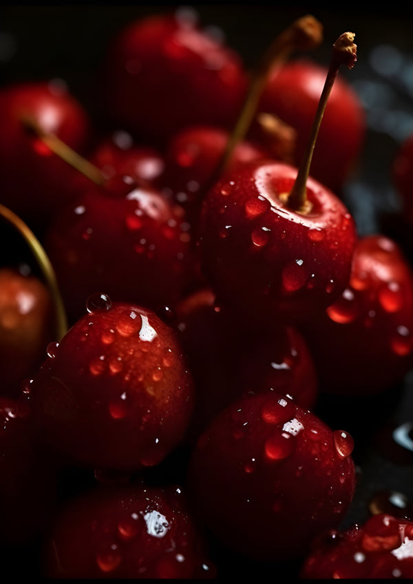 Vinyl Decal, Fresh Vibrant Red Cherries Close-Up Wall Art Poster Water Droplets Home Decor Print