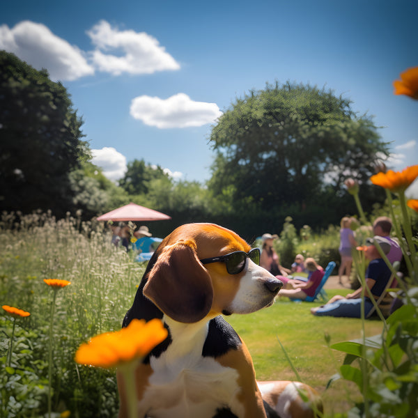 Vinyl Decal, Beagle Dog Wearing Sunglasses in Sunny Park Outdoor Setting with People in Background, 