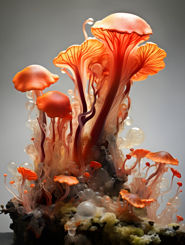 Vinyl Decal, Fantasy Mushroom Wall Art Poster Print, Vibrant Orange Fungi Mycelium Decor