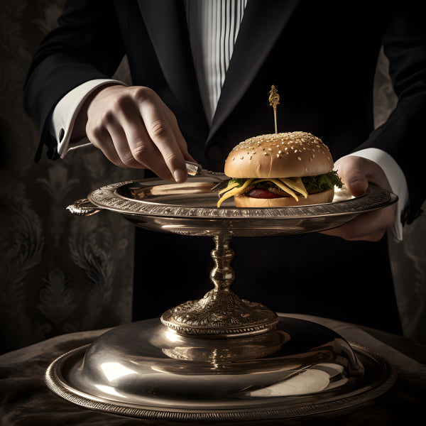 Vinyl Decal, Gourmet Burger Silver Platter Wall Art Print Elegant Dining Room Decor Modern Kitchen P