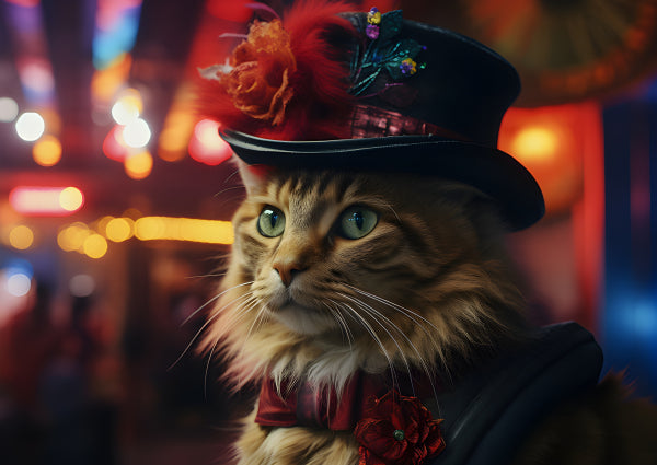Vinyl Decal, Charming Maine Coon Cat in Top Hat & Red Cravat - Festive Feline Portrait, Stylish Pet 