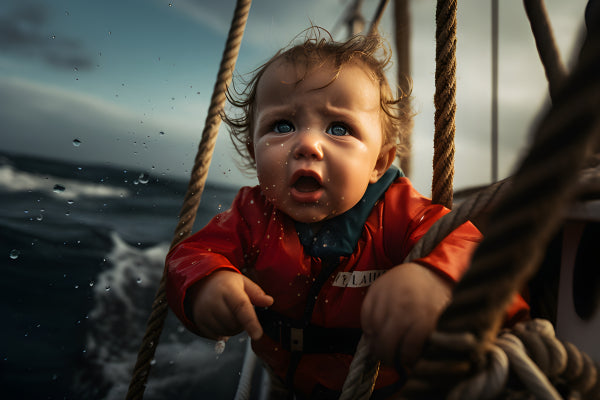 Vinyl Decal, Dramatic Baby on Boat Wall Art Poster Print, Ocean Adventure Nursery Decor, Photo Print