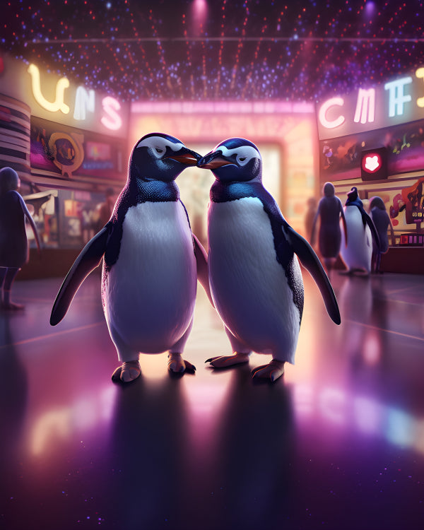 Vinyl Decal, Two Adorable Penguins Share a Tender Moment in a Neon-Lit Wonderland (5" x 7")