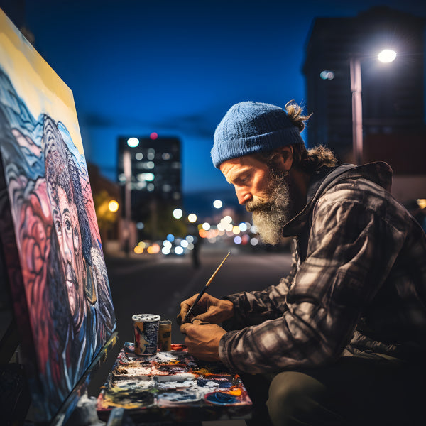 Vinyl Decal, Bearded Artist Painting Outdoors at Night Wall Art Poster Print, Creative Street Art De