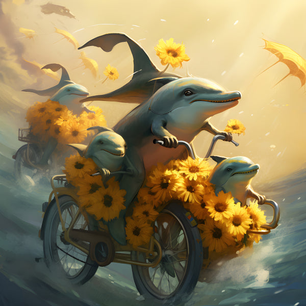Vinyl Decal, Whimsical Dolphin Family Bicycle Ride with Bright Yellow Sunflowers Art Print (5" x 7")