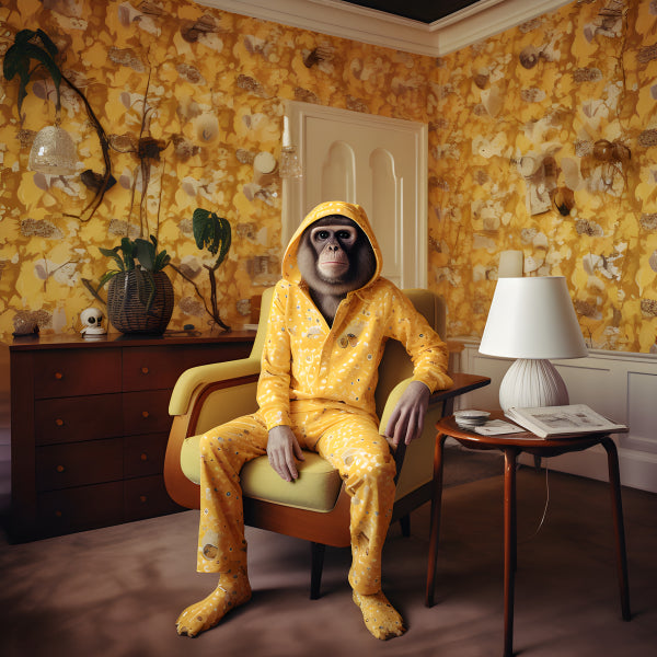 Vinyl Decal, Eclectic Monkey in Yellow Jumpsuit Wall Art Poster Print, 5 x 7 or 8 x 10 Inch Unframed
