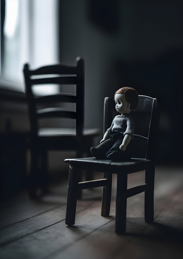 Vinyl Decal, Lonely Doll on Wooden Chair Wall Art Print, Dark Aesthetic Room Decor, Unframed Poster,