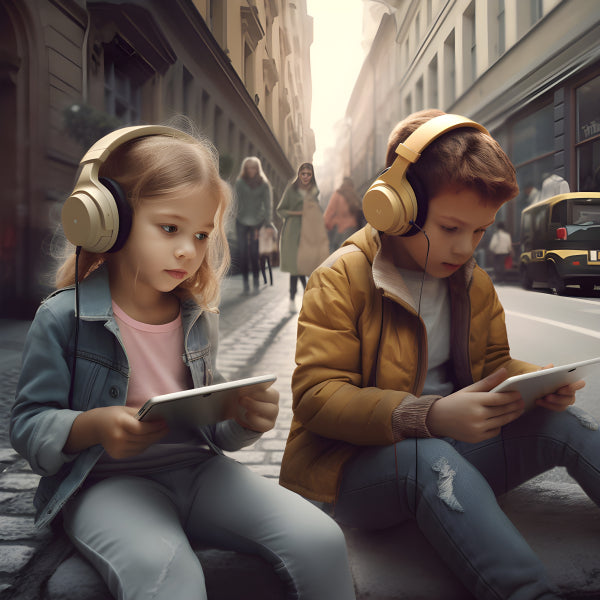 Vinyl Decal, Children with Headphones and Tablets Wall Art Poster, 5 x 7 or 8 x 10 Inch Unframed Pos