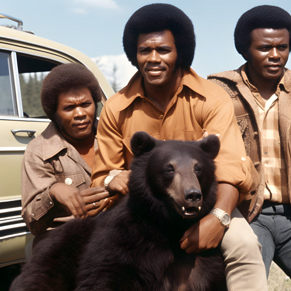 Vinyl Decal, Retro 70s Style Photo Wall Art Poster, Three Men and Black Bear Print, Vintage Home Dec