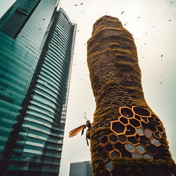 Vinyl Decal, Modern Cityscape Wall Art Poster Giant Wasp and Honeycomb Structure Print Urban Nature 