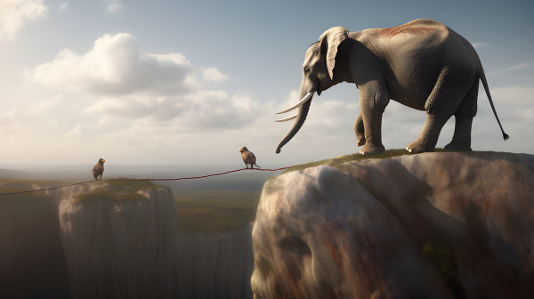 Vinyl Decal, Elephant & Small Birds Balancing on Tightrope Between Cliffs Wall Art Print (5" x 7")