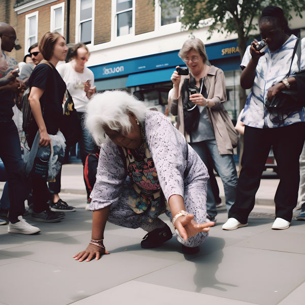Vinyl Decal, Energetic Elderly Woman Street Dance Wall Art Poster Print, Candid Moment Urban Lifesty