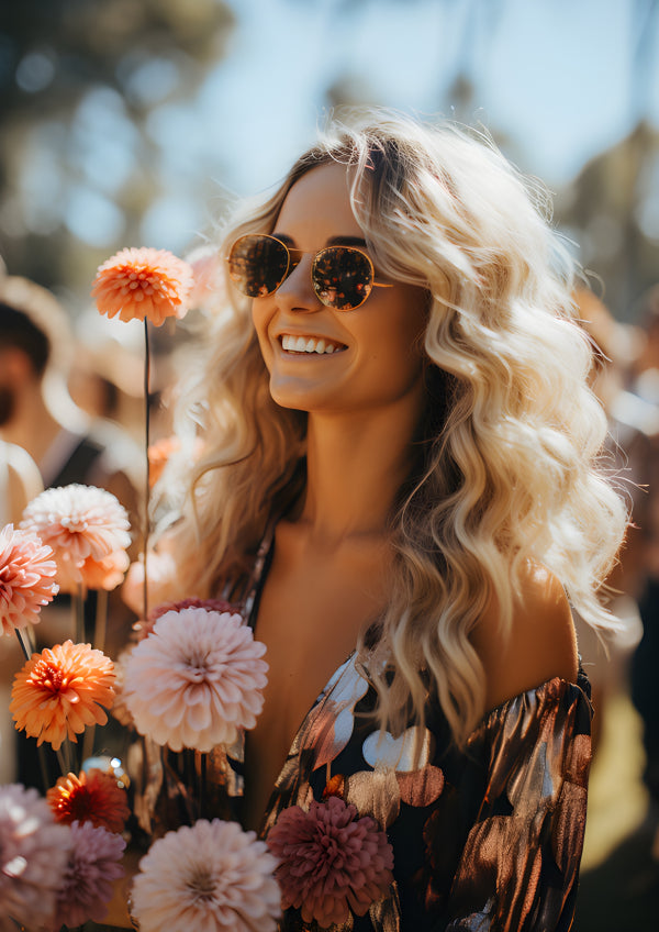 Vinyl Decal, Smiling Woman with Blonde Hair and Sunglasses Print