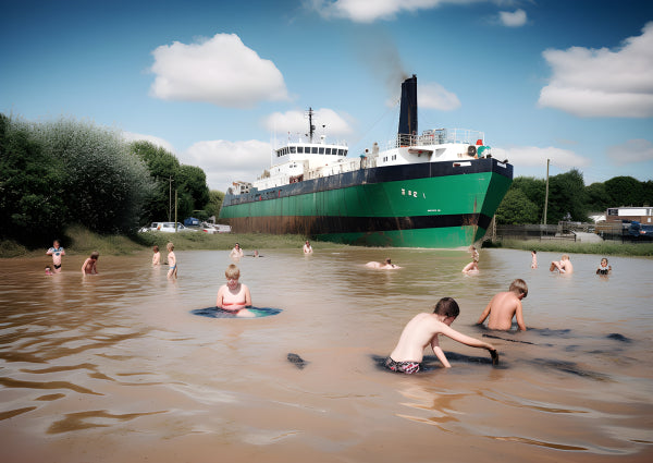 Vinyl Decal, Large Green Cargo Ship Waterside Scene Children Swimming Wall Art Poster Print