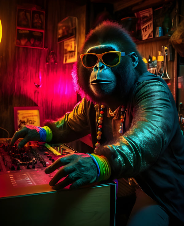 Vinyl Decal, Neon Gorilla DJ Art Print (5" x 7")