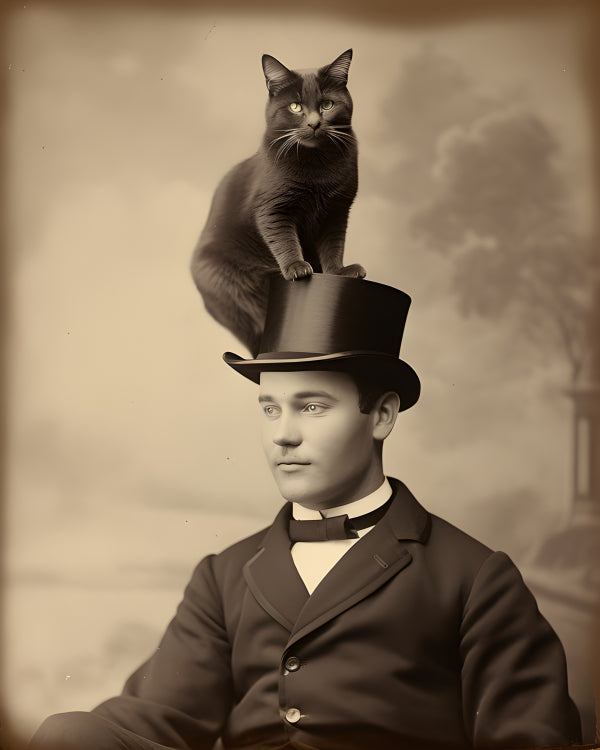 Vinyl Decal, Vintage Victorian Gentleman Man with Cat in Top Hat Black White Portrait Print (5" x 7"