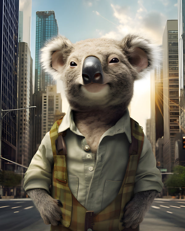 Vinyl Decal, Dapper Koala Bear Figurine in City Attire (5" x 7")