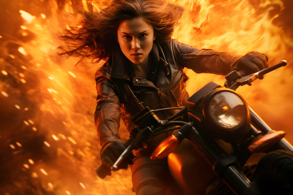 Vinyl Decal, Action Packed Motorcycle Woman Print