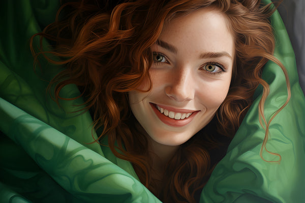 Vinyl Decal, Joyful Redhead Woman Smiling Green Blanket Wall Art