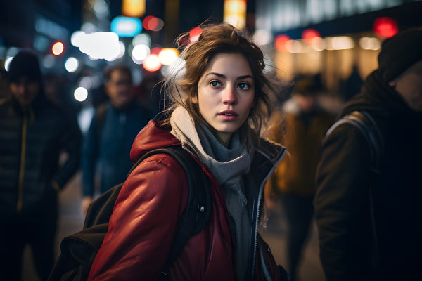 Vinyl Decal, Woman in Red Jacket Urban Night Cityscape Wall Art Poster