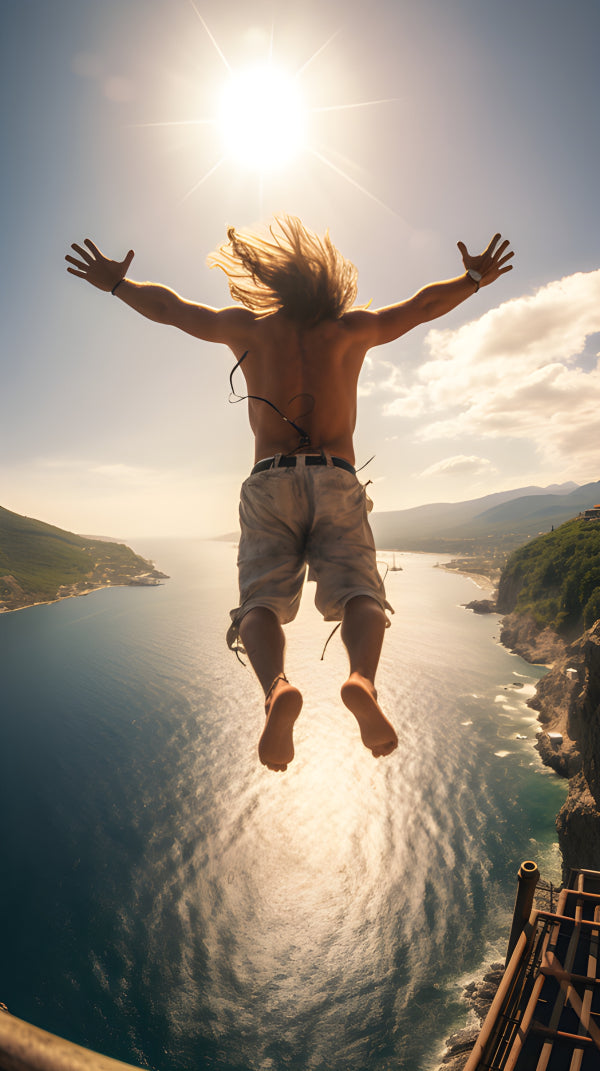 Vinyl Decal, Ocean Adventure Man Jumping Cliff Freedom Wall Art Poster