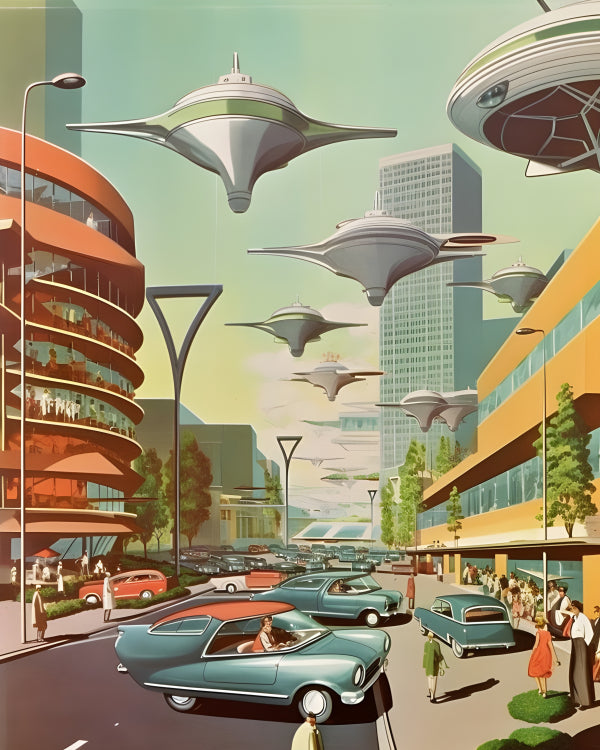 Vinyl Decal, Retro Future Cityscape Wall Art Poster Mid Century Modern Vintage Sci Fi Print