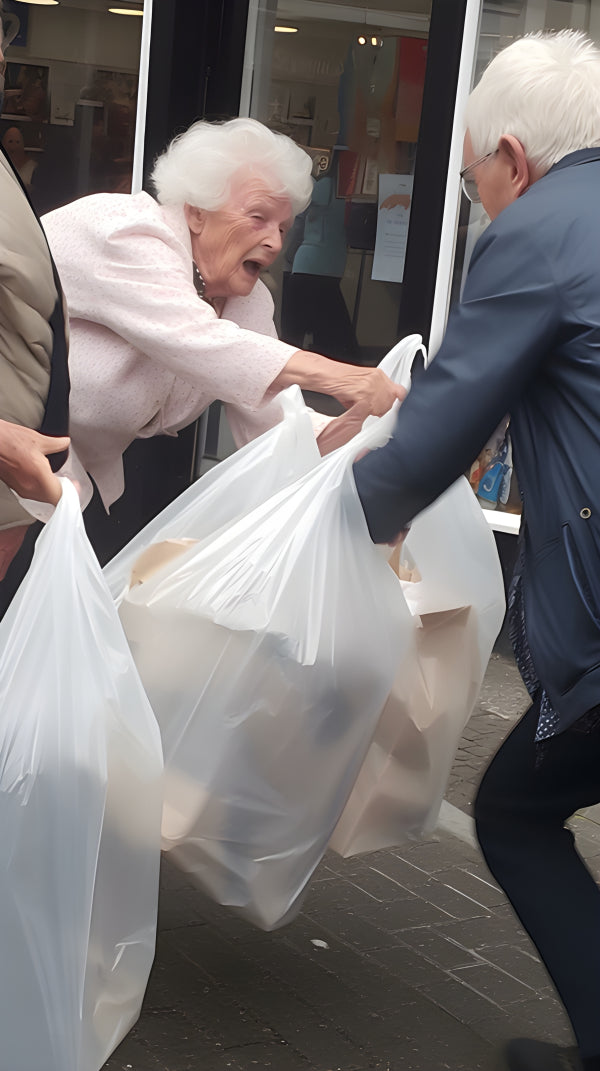 Vinyl Decal, Granny Grabs the Groceries Humorous Candid Photo Wall Art Poster