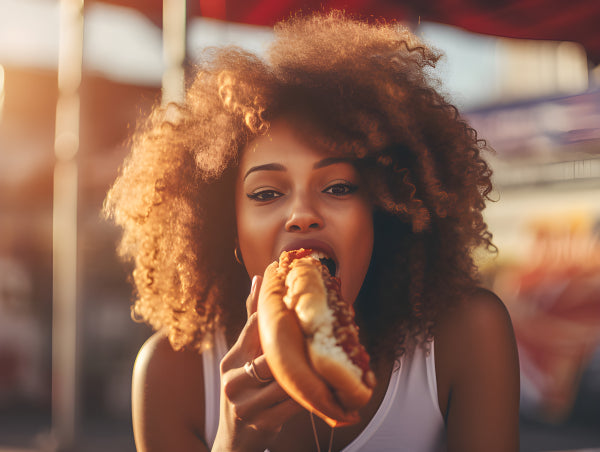 Vinyl Decal, Joyful Woman Eating Hot Dog Art Poster