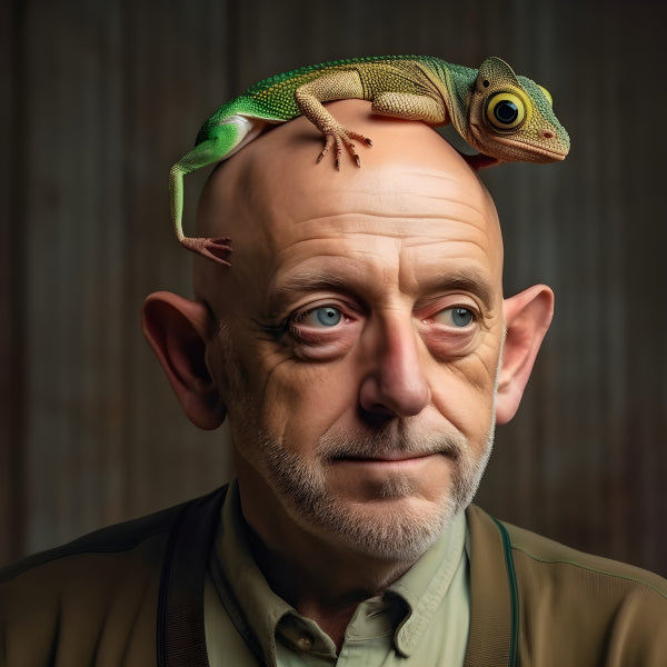 Vinyl Decal, Man with Green Gecko on Head Funny Animal Portrait Wall Art Poster