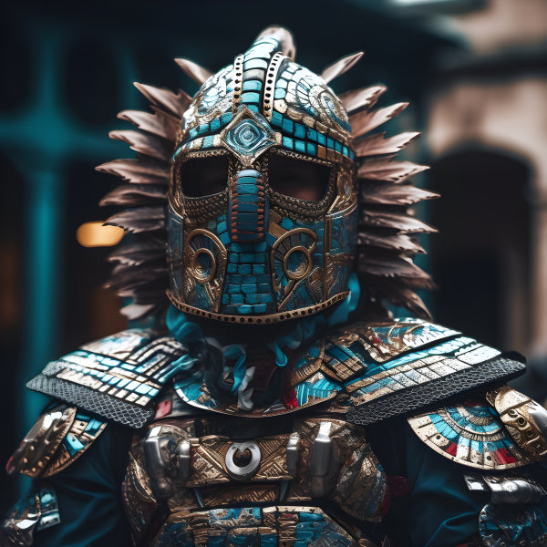 Vinyl Decal Aztec Warrior Helmet Armor Costume Accessory | Ornate Turquoise & Gold Design | Mesoamer