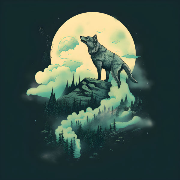 Vinyl Decal, Mystical Wolf Howling at Full Moon Forest Mountain Night Nature Graphic Art Print T-Shi