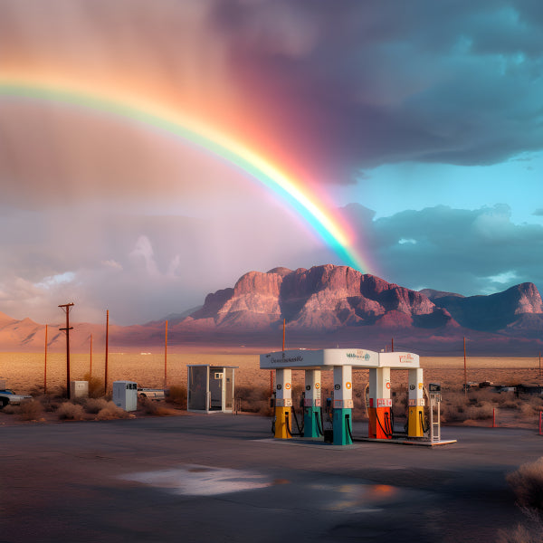 Vinyl Decal, Desert Gas Station with Stunning Rainbow Over Mountains (5" x 7")