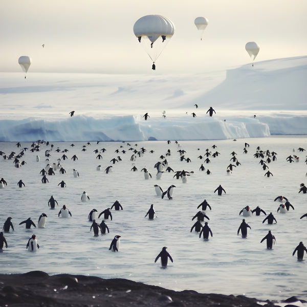 Vinyl Decal, Penguins and Hot Air Balloons in the Antarctic Icy Portrait (5" x 7")