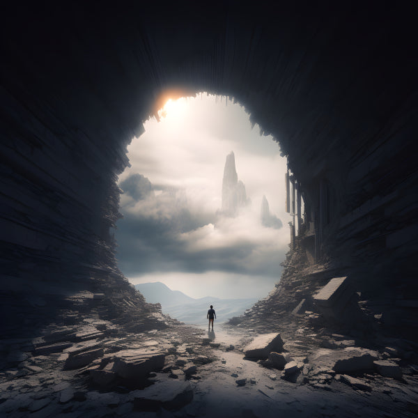 Vinyl Decal, Man Standing in a Vast Cavern Opening Overlooking a Majestic (5" x 7")