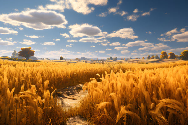 Vinyl Decal, Expansive Golden Wheat Field in Summer, Blue Sky with White Clouds (5" x 7")